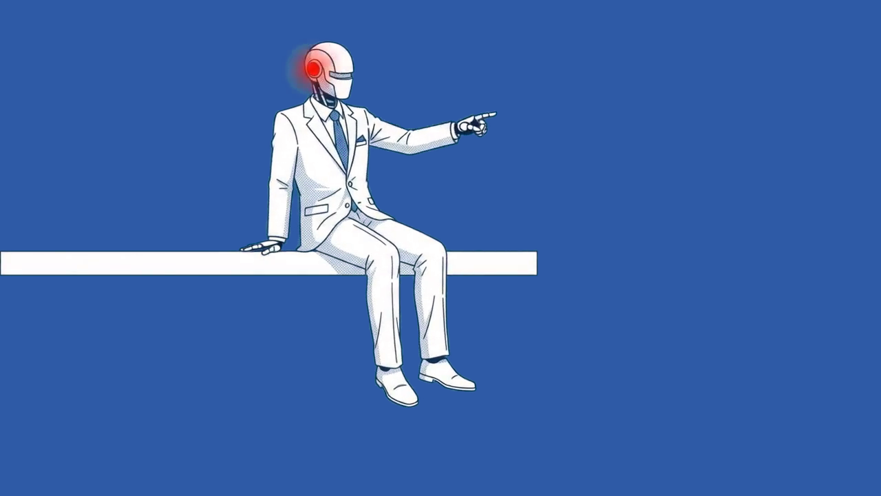 A faceless android in a suit sits on a ledge and points toward the log-in button.