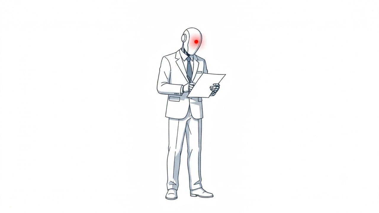 A faceless android in a suit signs a document; a red mark on its head marks the moment it acts.